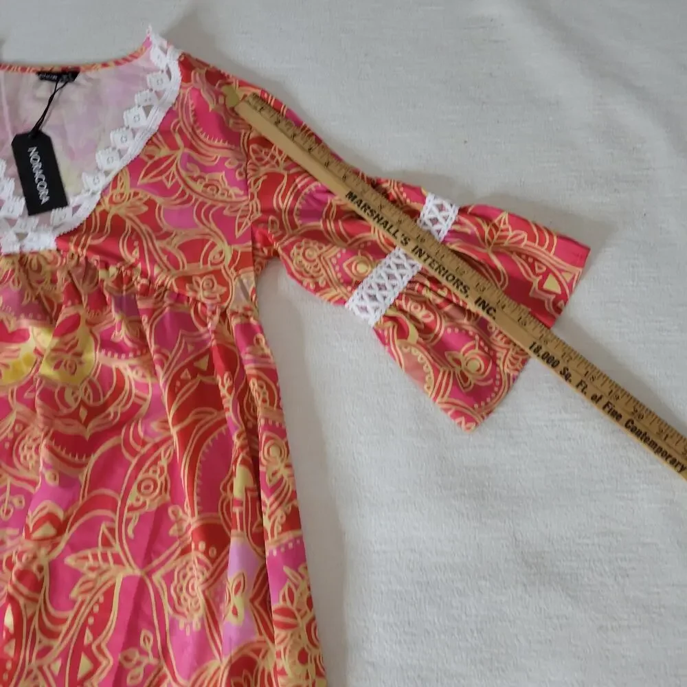 Noracora Dress Womans Small Lagenlook Flower Pink Lacey Cottagecore Boho Grandma